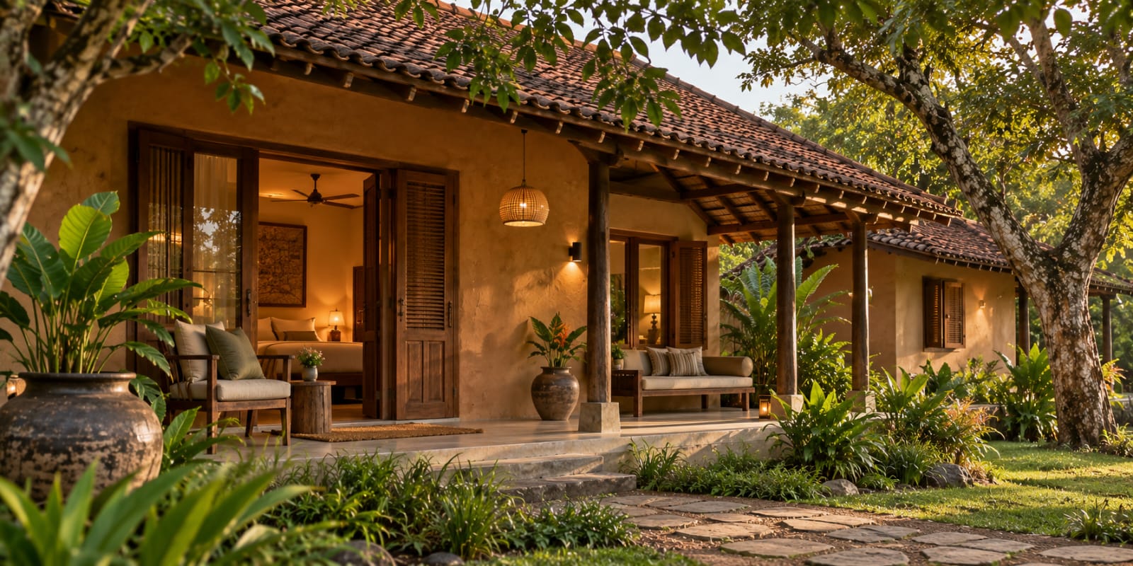 Traditional Sri Lankan cream clay house facing green paddy fields in Kumbukanda Handiya