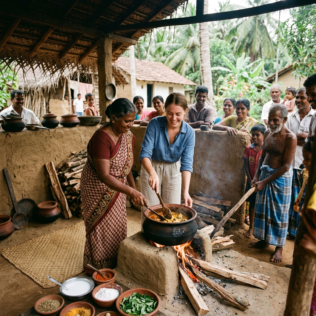 Village woman preparing traditional Sri Lankan clay pot dishes