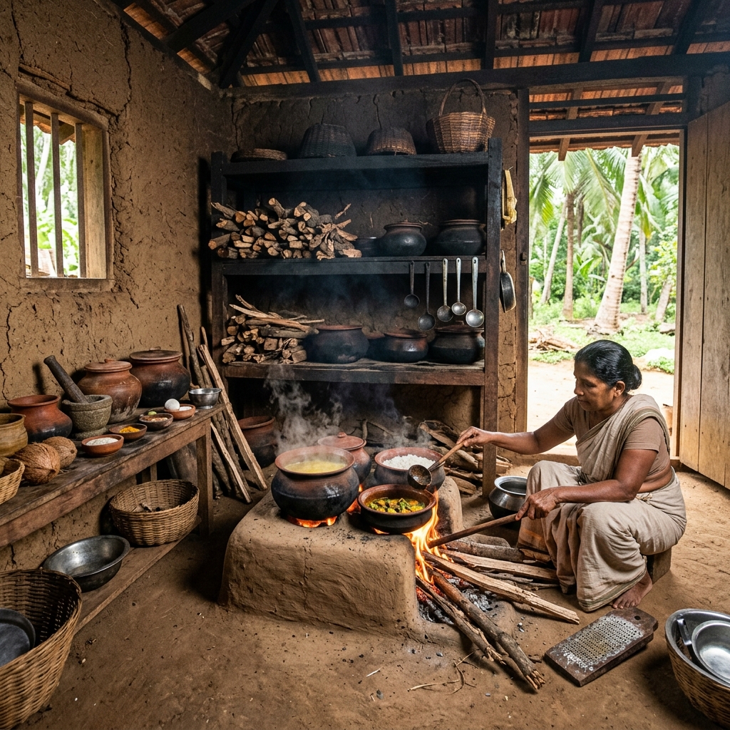 Village women cooking traditional Sri Lankan food in clay pots