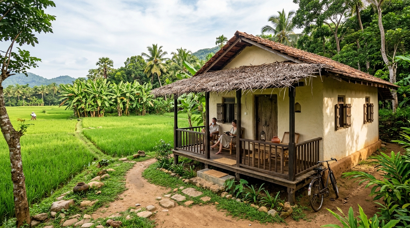 Traditional Sri Lankan cream clay house facing green paddy fields