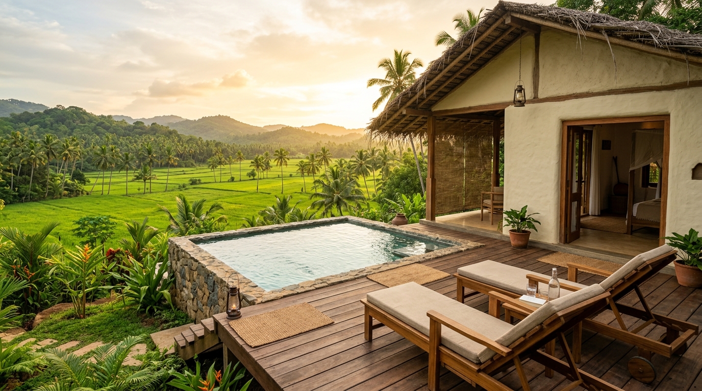 Private pool double clay chalet overlooking paddy fields