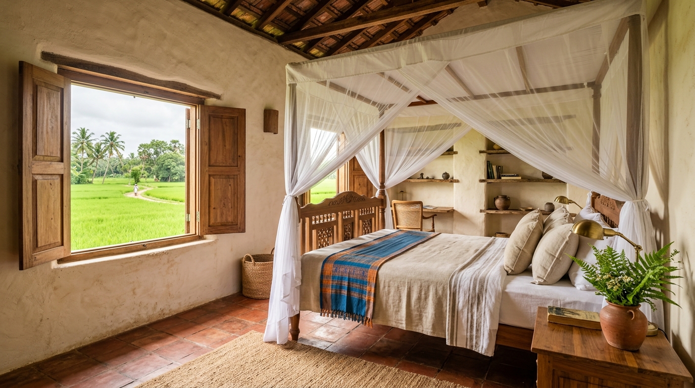 Double Room crafted with cream clay walls and teak canopy bed